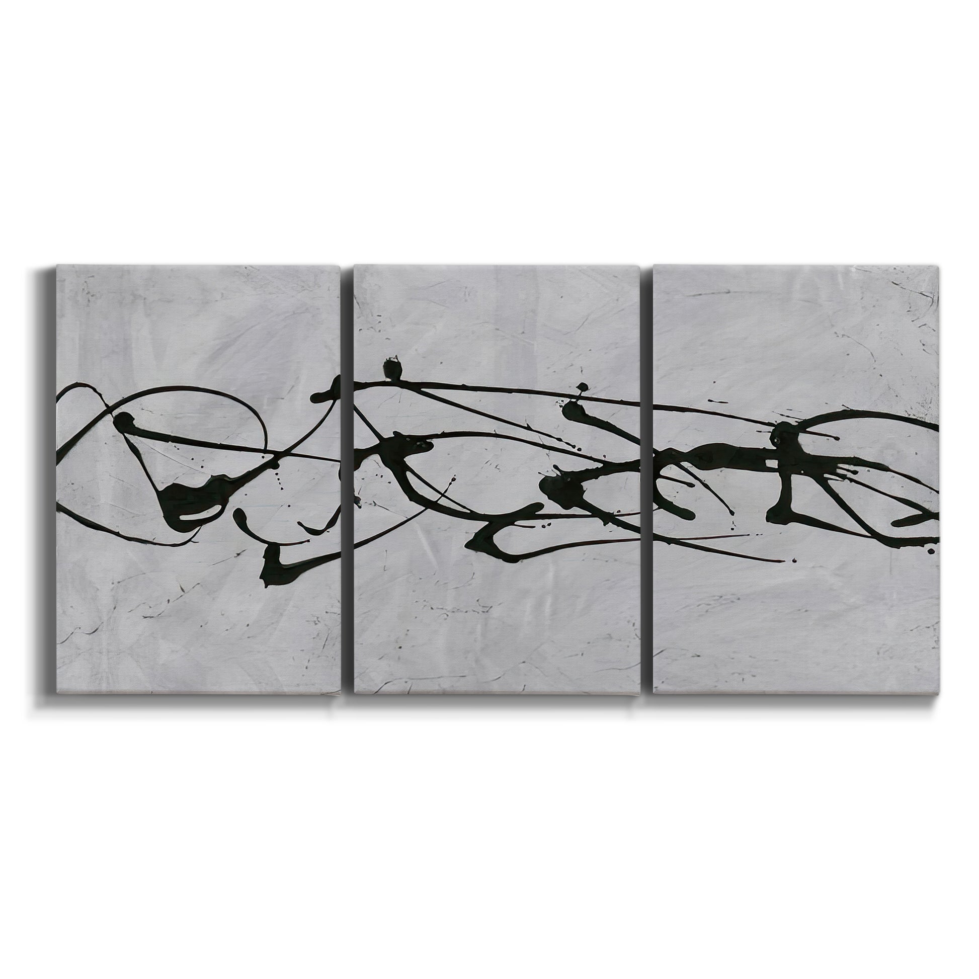 Three-panel canvas wall art featuring minimal abstract frequency lines on white background.