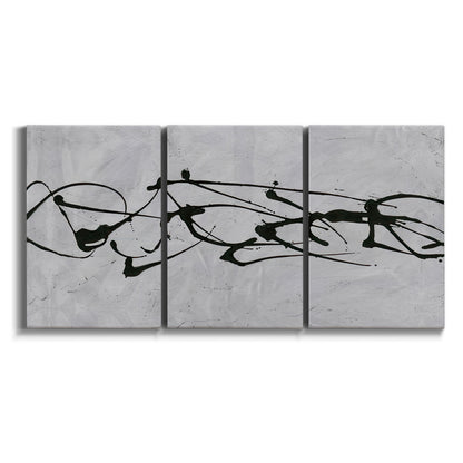 Three-panel canvas wall art featuring minimal abstract frequency lines on white background.