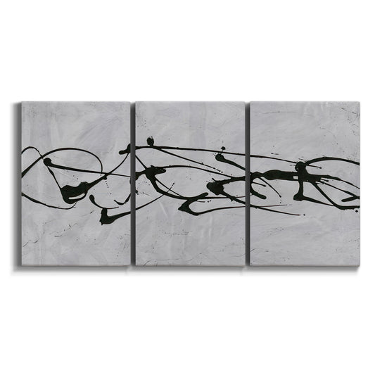 Three-panel canvas wall art featuring minimal abstract frequency lines on white background.