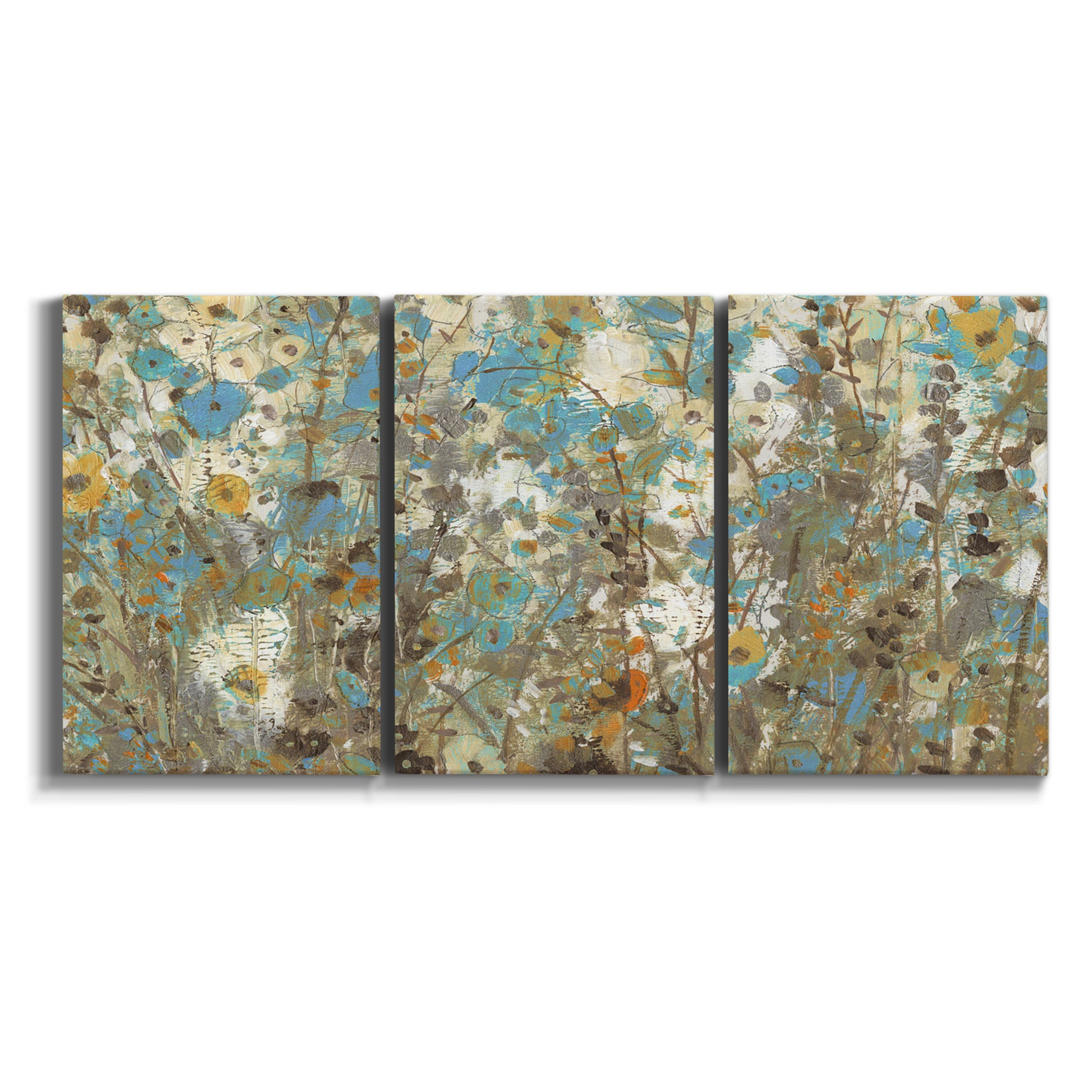 Three-panel canvas wall art featuring abstract flowering vine pattern on white background.