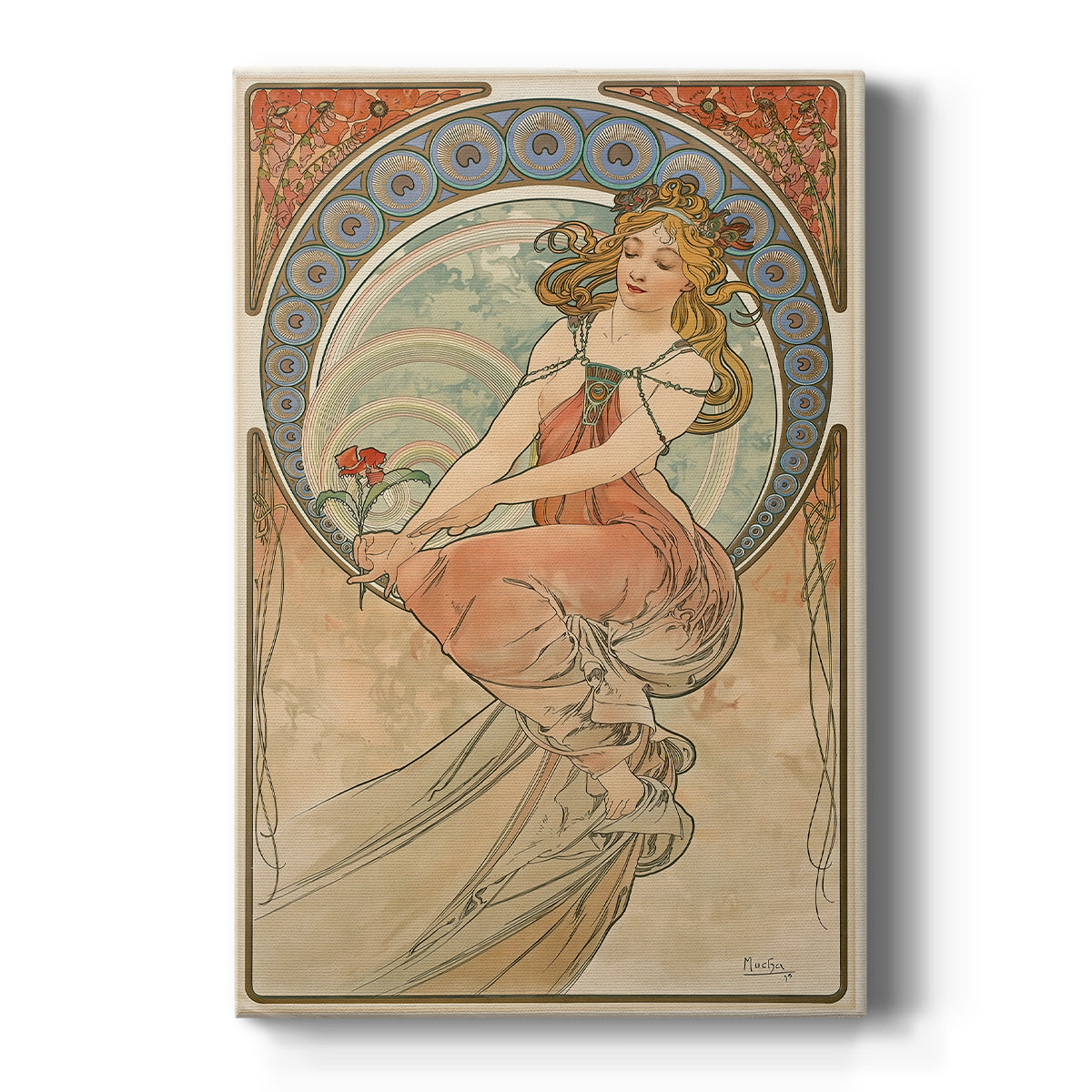 Canvas art print featuring an Art Nouveau illustration of a woman representing painting with ornate details on a clean white background.