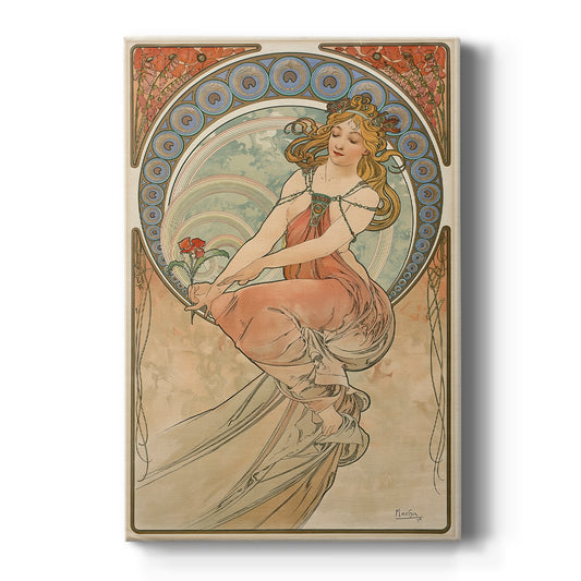 Canvas art print featuring an Art Nouveau illustration of a woman representing painting with ornate details on a clean white background.