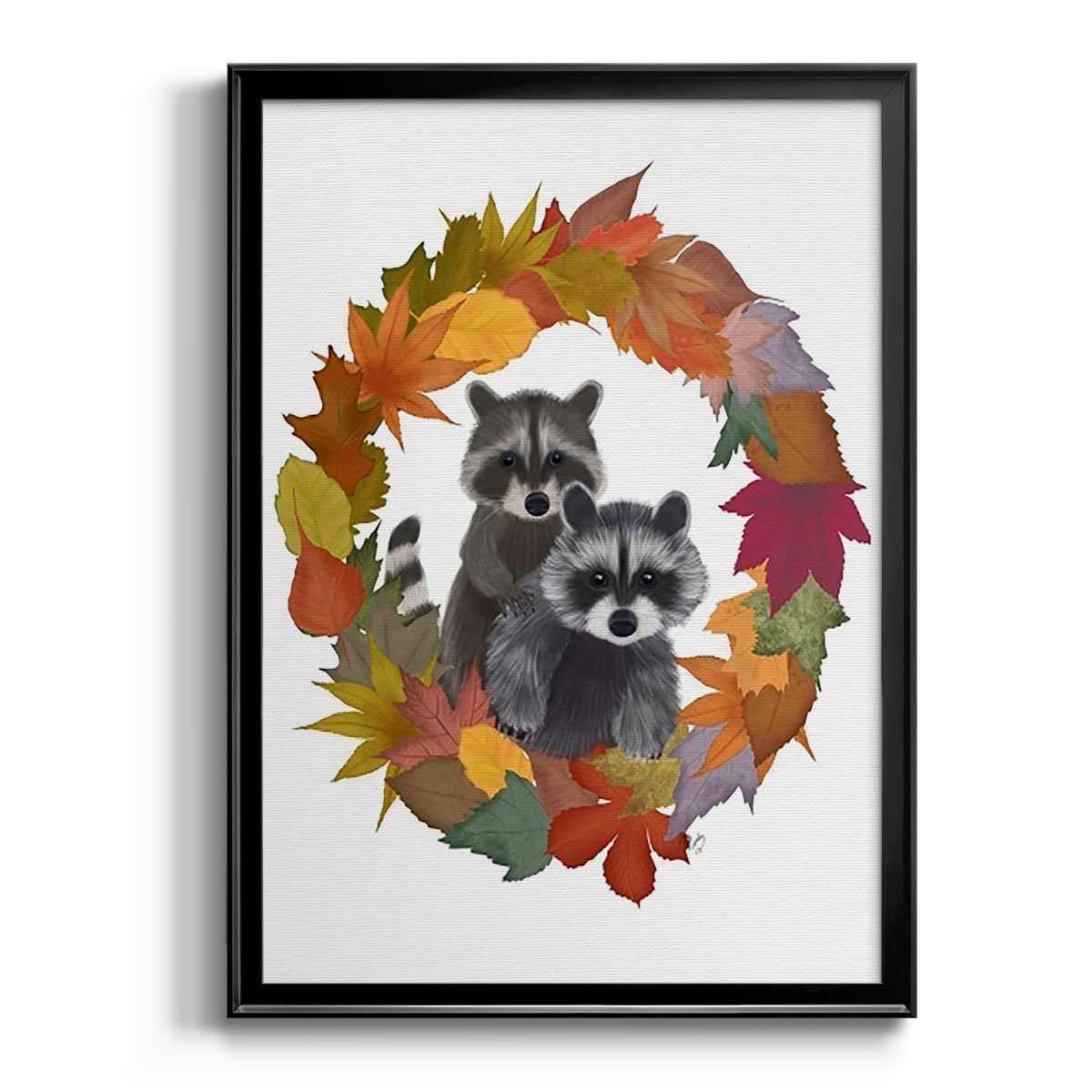 Raccoons Autumn Leaf Wreath - Modern Framed Canvas Print