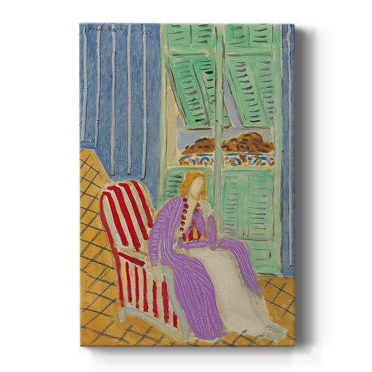 Canvas art print featuring a fauvist portrait of a seated woman in a violet robe with patterned surroundings on a clean white background.
