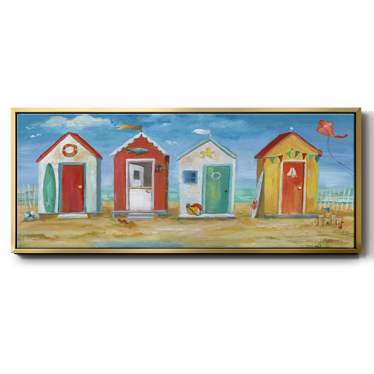 Bright Beach Huts - Floater Framed Canvas Print