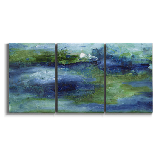 Three-panel canvas wall art featuring flowing blue abstract watercolor on white background.