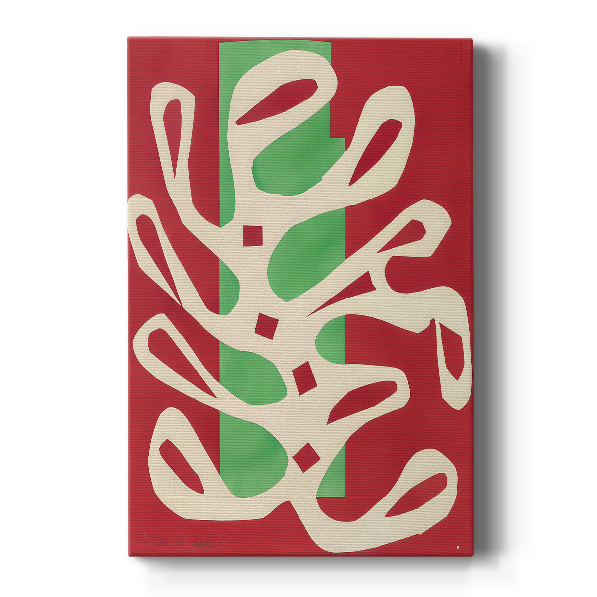 Canvas art print featuring an abstract composition of organic shapes on a red and green background on a clean white background.