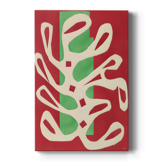 Canvas art print featuring an abstract composition of organic shapes on a red and green background on a clean white background.
