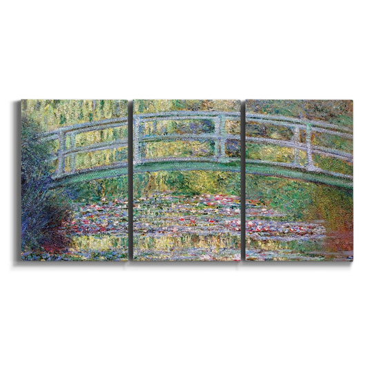 Three-panel canvas wall art featuring water lilies with arched bridge on white background.