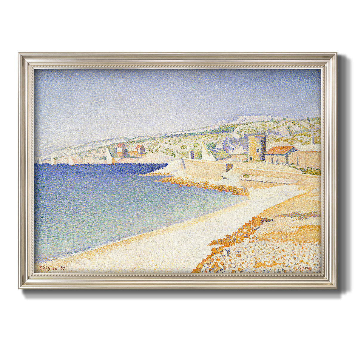 Impressionist Mediterranean jetty seascape by Paul Signac printed on canvas in an ornate champagne frame.