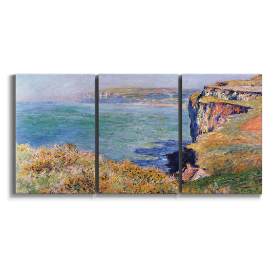 Three-panel canvas wall art featuring coastal village view near dieppe on white background.