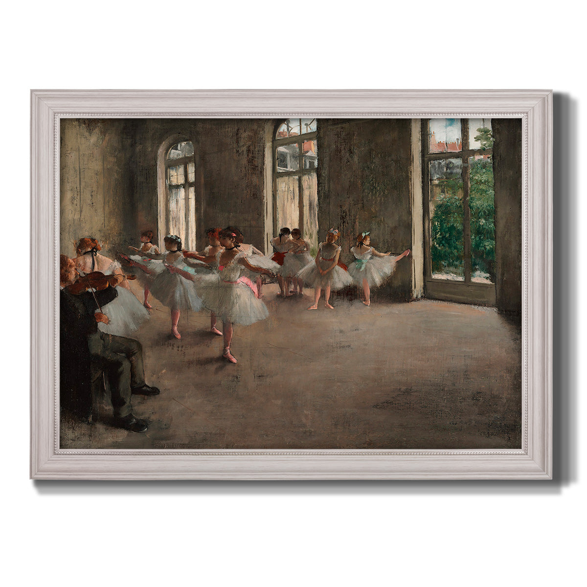 Early impressionist ballet rehearsal painting by Edgar Degas printed on canvas in an ornate weathered white frame.