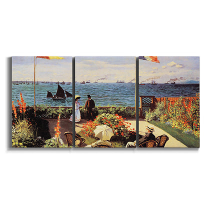 Three-panel canvas wall art featuring coastal garden overlooking sea on white background.