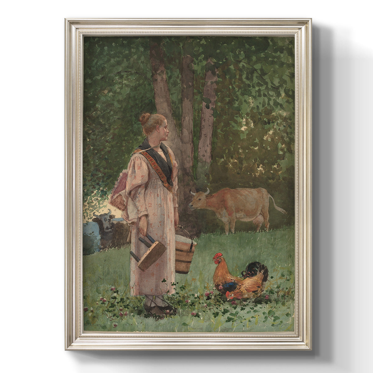 Realist genre scene of a milkmaid by Winslow Homer printed on canvas in an ornate champagne frame with a vertical orientation.