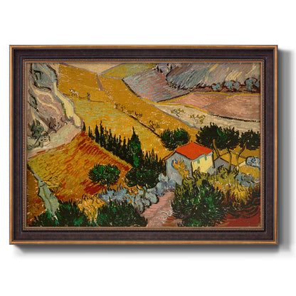 Impressionist rural valley landscape by Vincent van Gogh printed on canvas in an ornate bronzed mahogany wood frame.