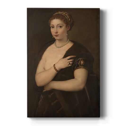 Canvas art print featuring a Renaissance portrait of a young woman wearing a fur wrap with soft light on a clean white background.