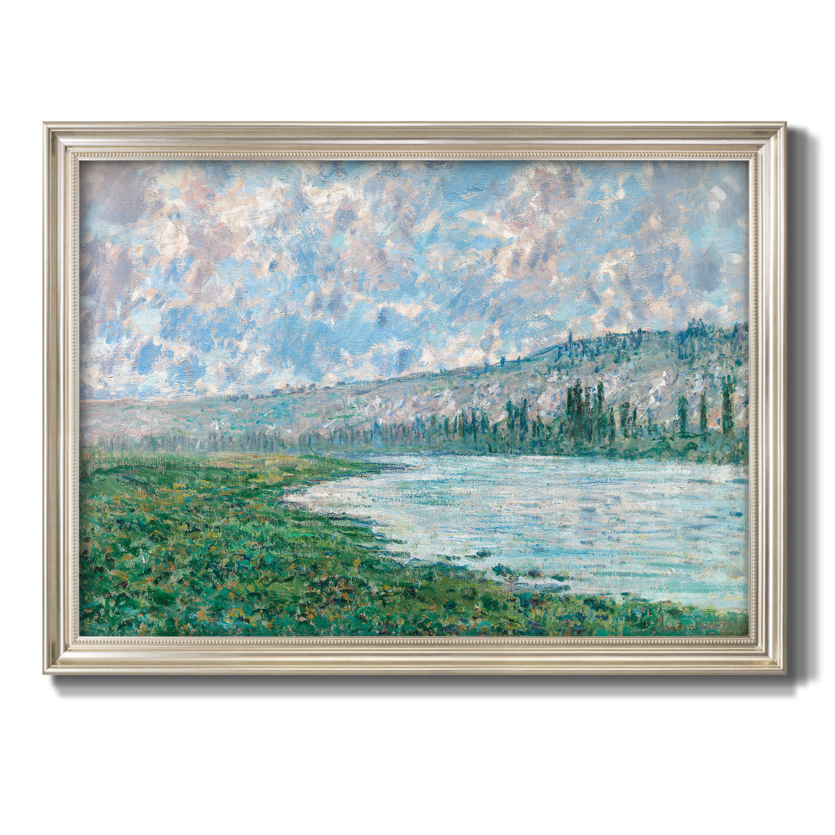 Impressionist river landscape at Vétheuil by Claude Monet printed on canvas in an ornate champagne frame.