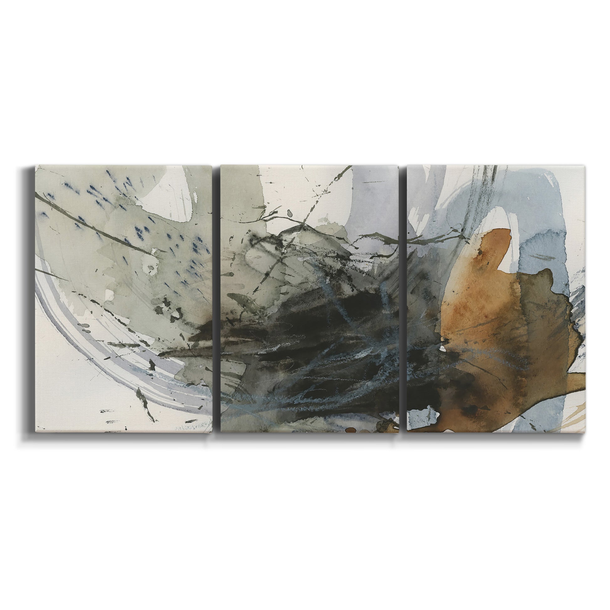 Three-panel canvas wall art featuring dynamic circular abstract motion on white background.