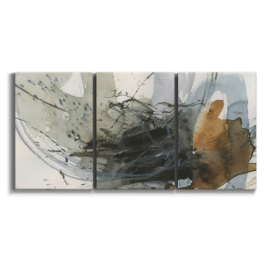 Three-panel canvas wall art featuring dynamic circular abstract motion on white background.