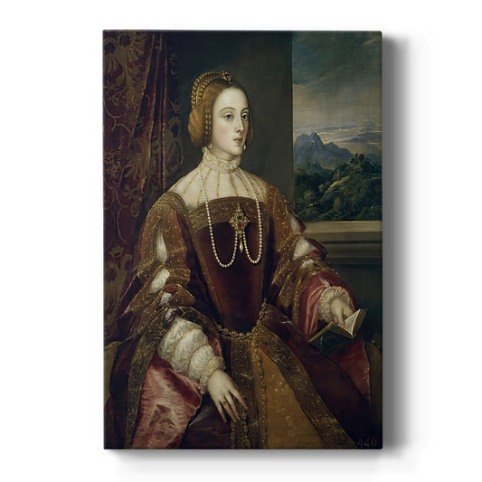 Canvas art print featuring a Renaissance portrait of a seated woman in ornate dress with soft light on a clean white background.