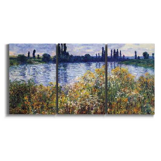 Three-panel canvas wall art featuring riverside village shoreline on white background.