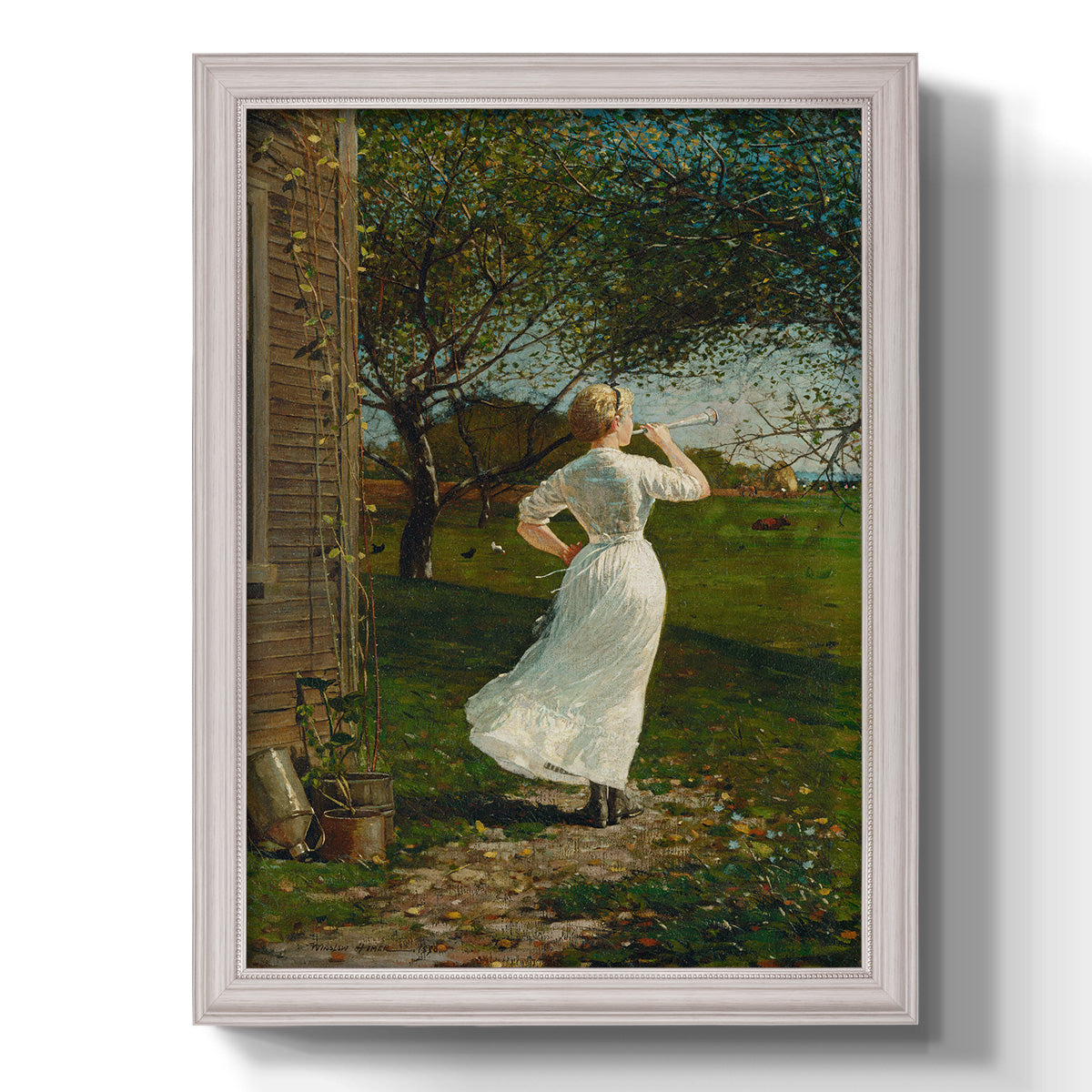 Narrative religious genre scene by Winslow Homer printed on canvas in an ornate weathered white frame with a vertical orientation.