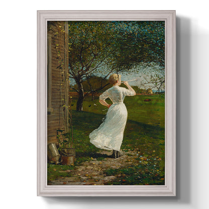 Narrative religious genre scene by Winslow Homer printed on canvas in an ornate weathered white frame with a vertical orientation.