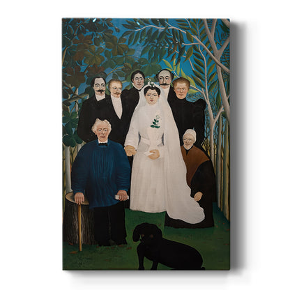 Canvas art print featuring a naïve-style scene of a wedding group posed outdoors with detailed foliage on a clean white background.