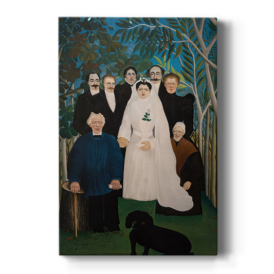 Canvas art print featuring a naïve-style scene of a wedding group posed outdoors with detailed foliage on a clean white background.