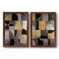 Set of two maple barnwood framed canvas prints featuring two structured modern abstracts featuring interlocking black gray cream and gold geometric sections.
