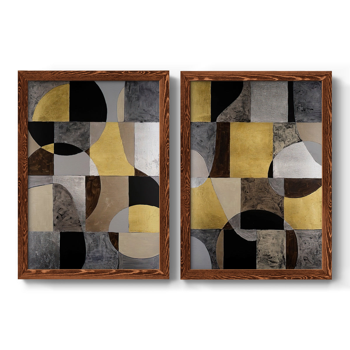 Set of two maple barnwood framed canvas prints featuring two structured modern abstracts featuring interlocking black gray cream and gold geometric sections.