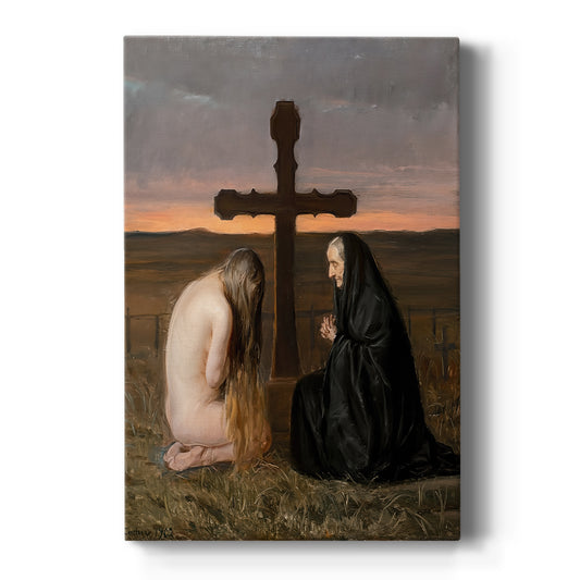 Canvas art print featuring a symbolic scene of a woman in mourning beside a cross in a quiet interior on a clean white background.