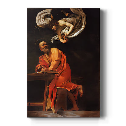 Canvas art print featuring a Baroque scene of Saint Matthew receiving divine inspiration from an angel on a clean white background.