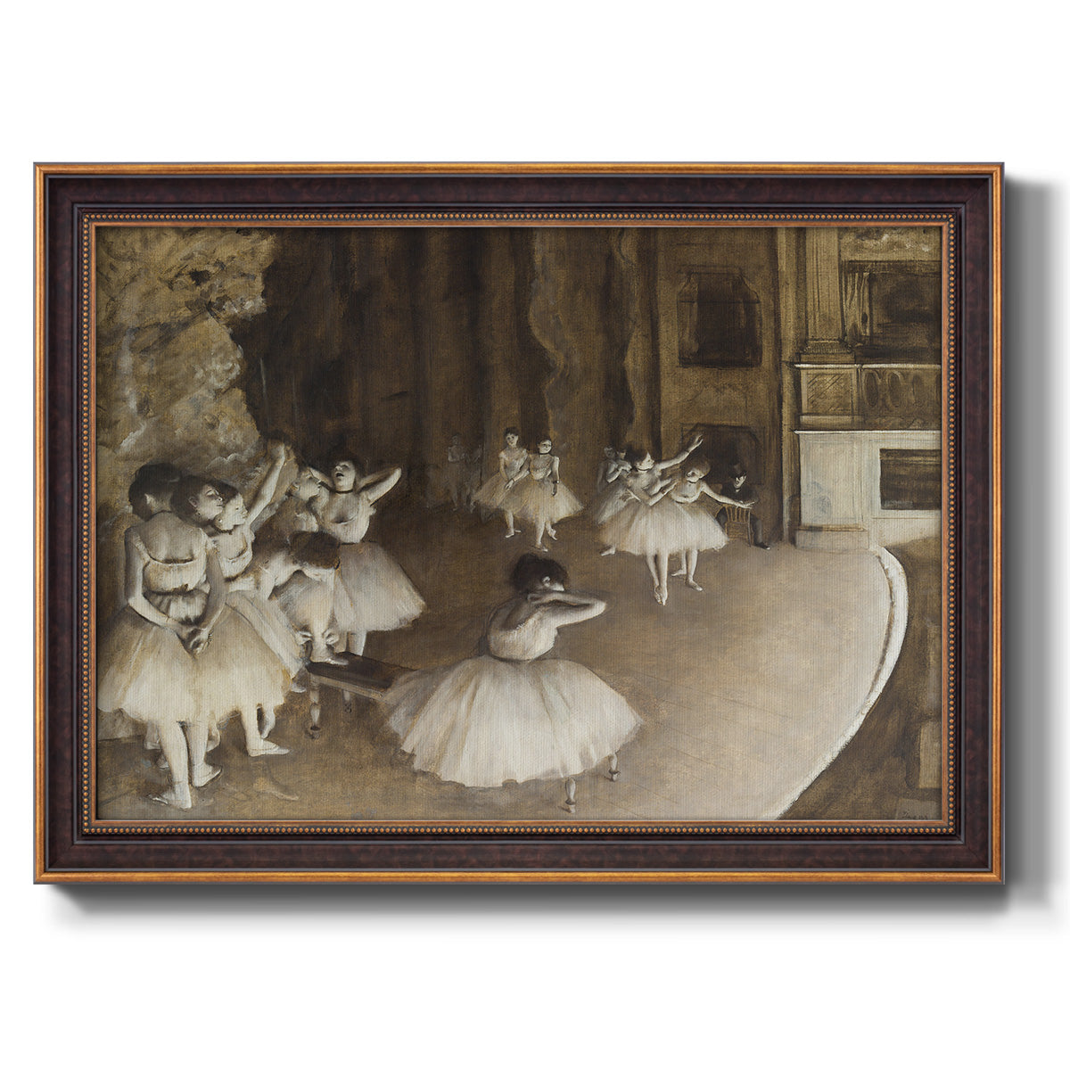 Impressionist ballet rehearsal scene by Edgar Degas printed on canvas in an ornate bronzed mahogany wood frame.