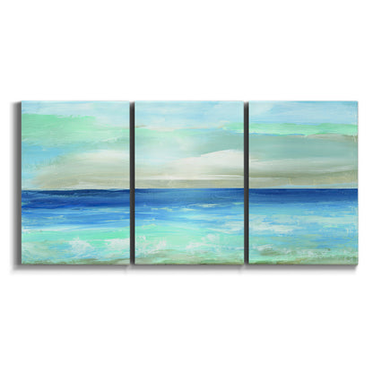 Three-panel canvas wall art featuring vast open blue ocean horizon on white background.
