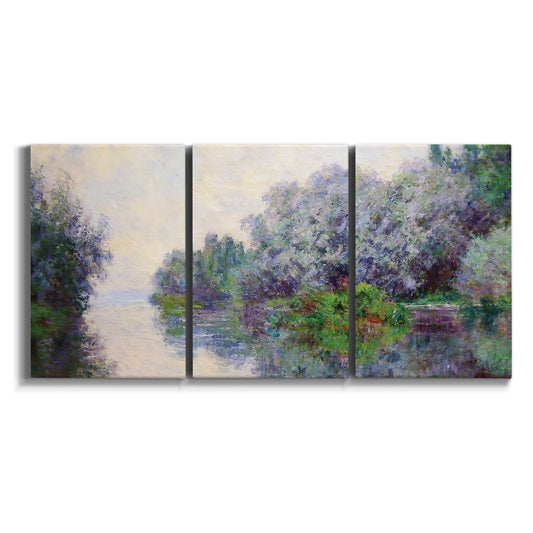 Three-panel canvas wall art featuring misty river near village on white background.