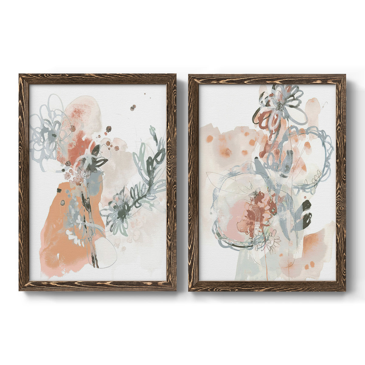 Set of two walnut barnwood framed canvas prints featuring two abstract watercolor botanicals featuring loose blush gray and coral floral gestures.