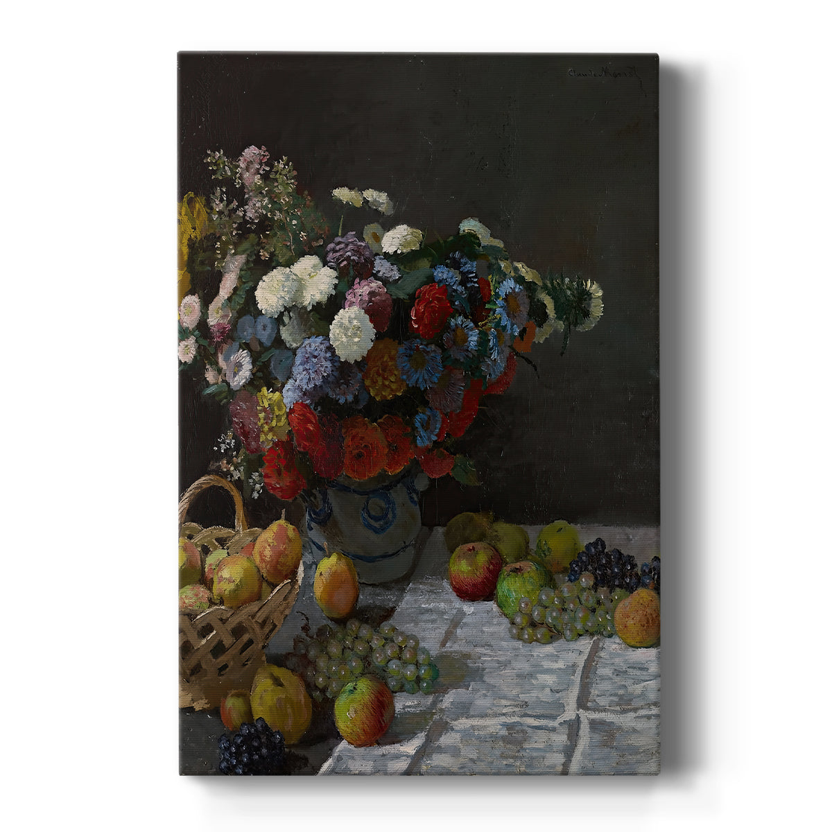 Canvas art print featuring an impressionist still life of flowers and fruit arranged in a soft natural setting on a clean white background.