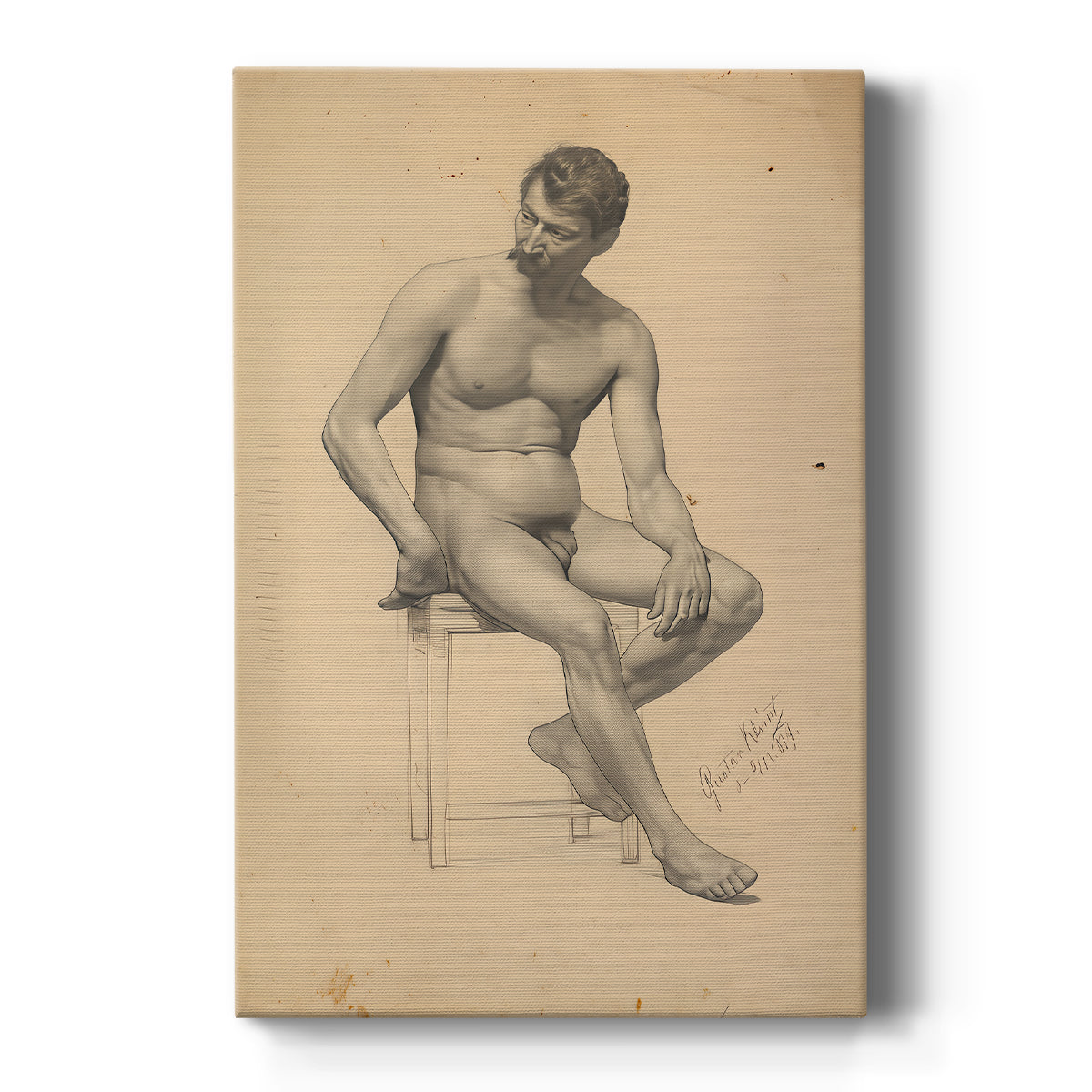 Canvas art print featuring a figure study of a seated male nude turned to the left with soft shading on a clean white background.