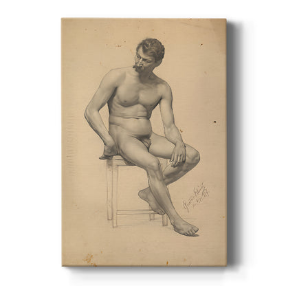 Canvas art print featuring a figure study of a seated male nude turned to the left with soft shading on a clean white background.