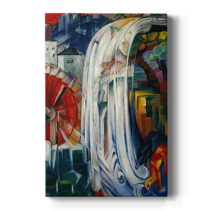Canvas art print featuring an abstract expressionist scene with a mill and fragmented geometric forms on a clean white background.
