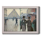 Impressionist urban street scene in the rain by Gustave Caillebotte printed on canvas in an ornate weathered white frame.