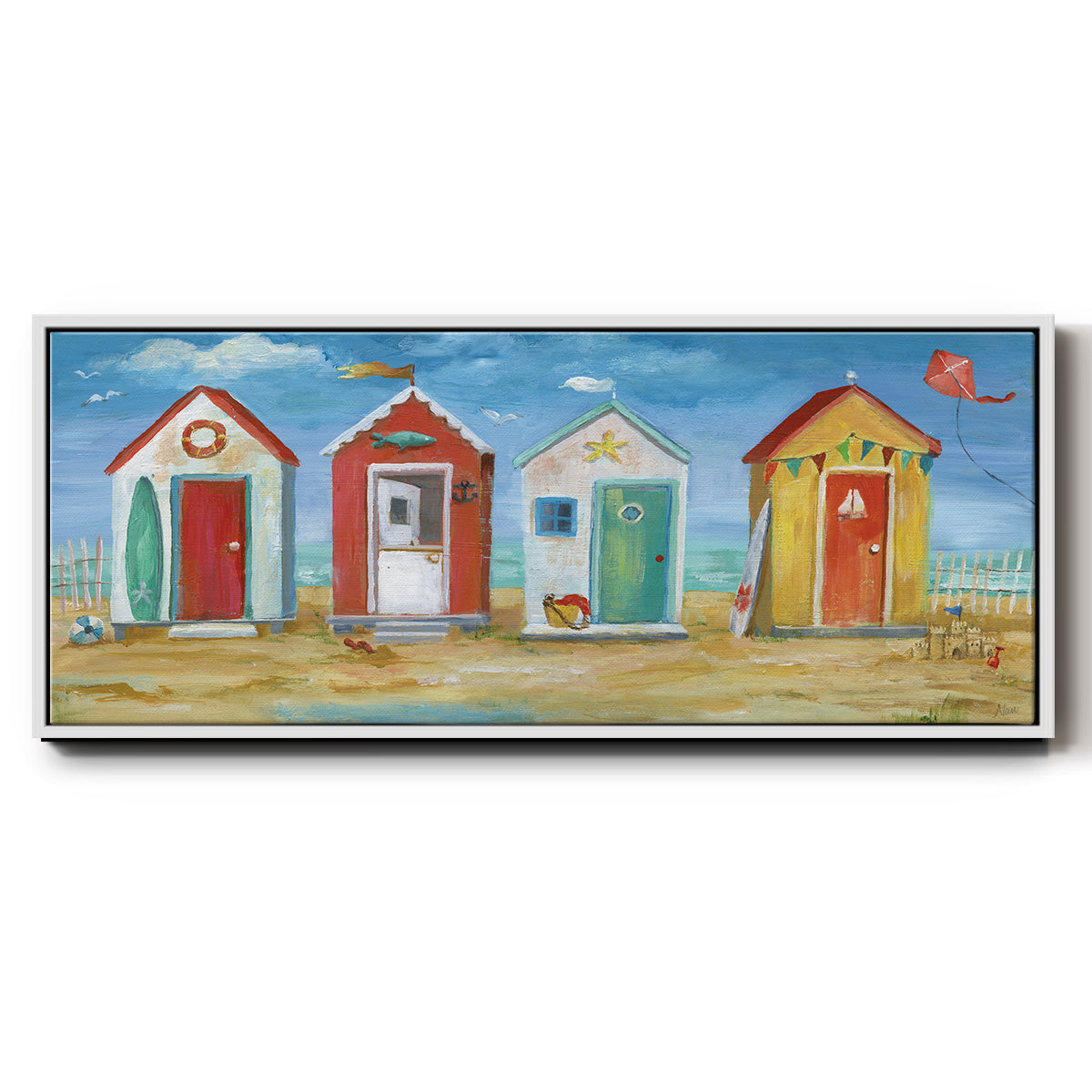 Bright Beach Huts - Floater Framed Canvas Print