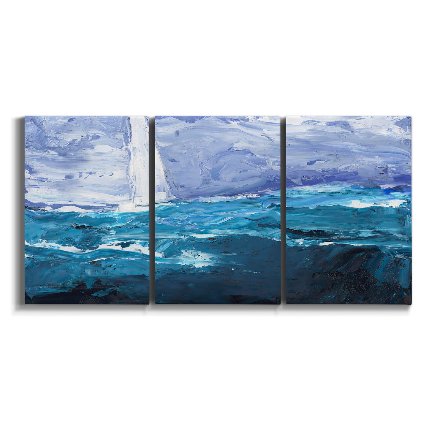 Three-panel canvas wall art featuring impressionist nautical harbor scene on white background.