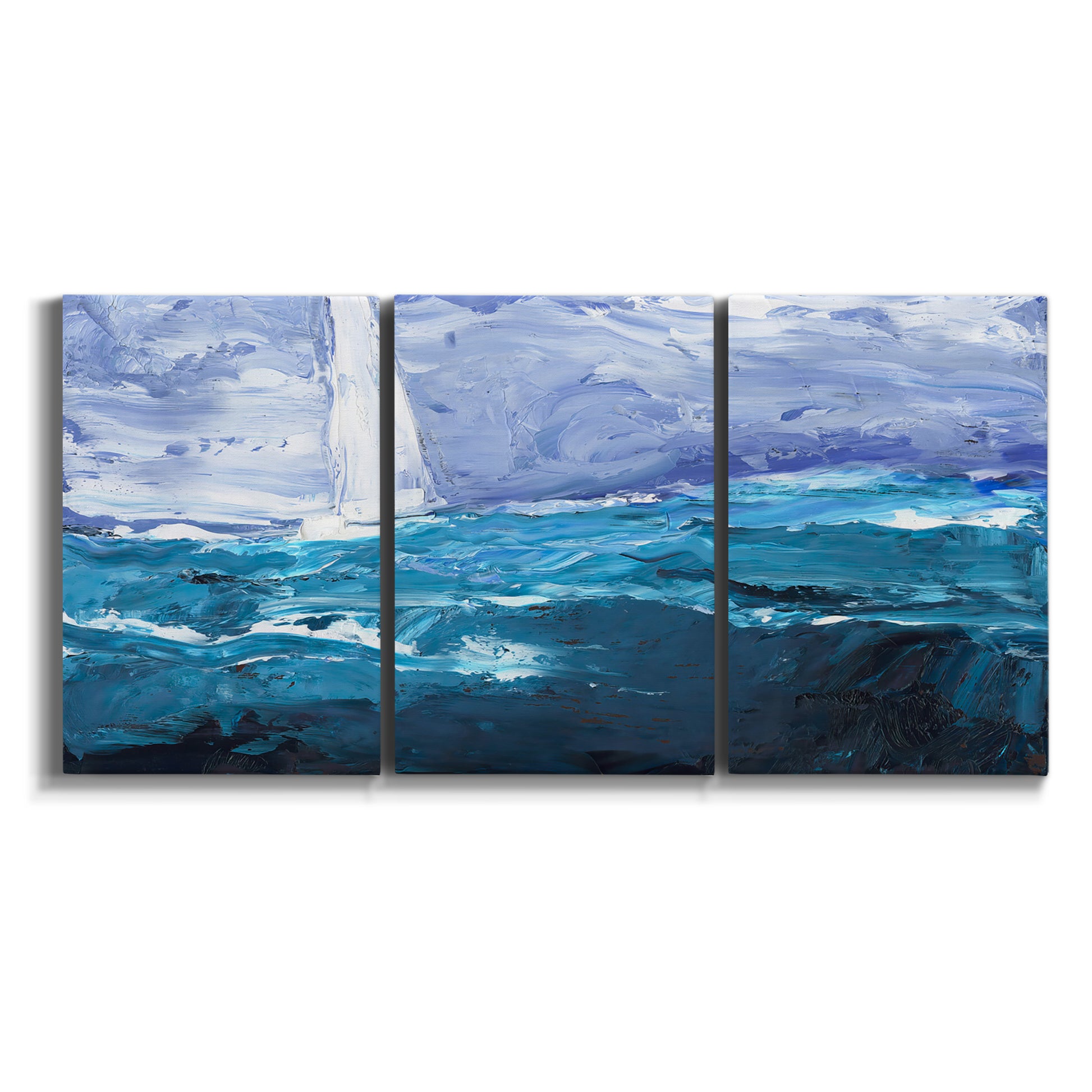 Three-panel canvas wall art featuring impressionist nautical harbor scene on white background.