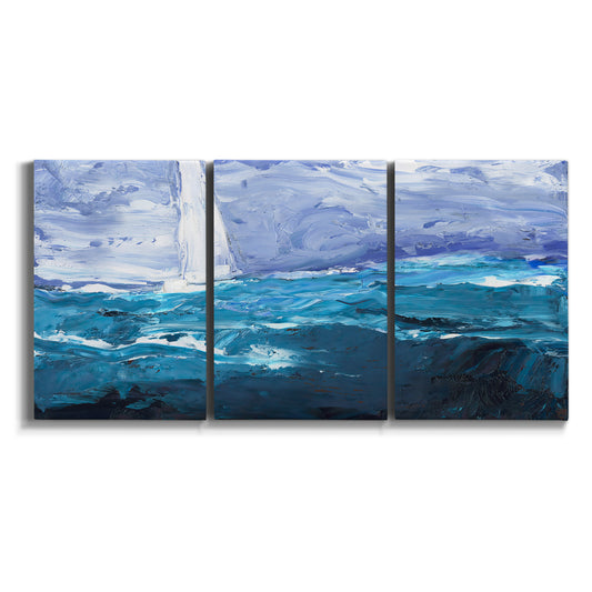 Three-panel canvas wall art featuring impressionist nautical harbor scene on white background.