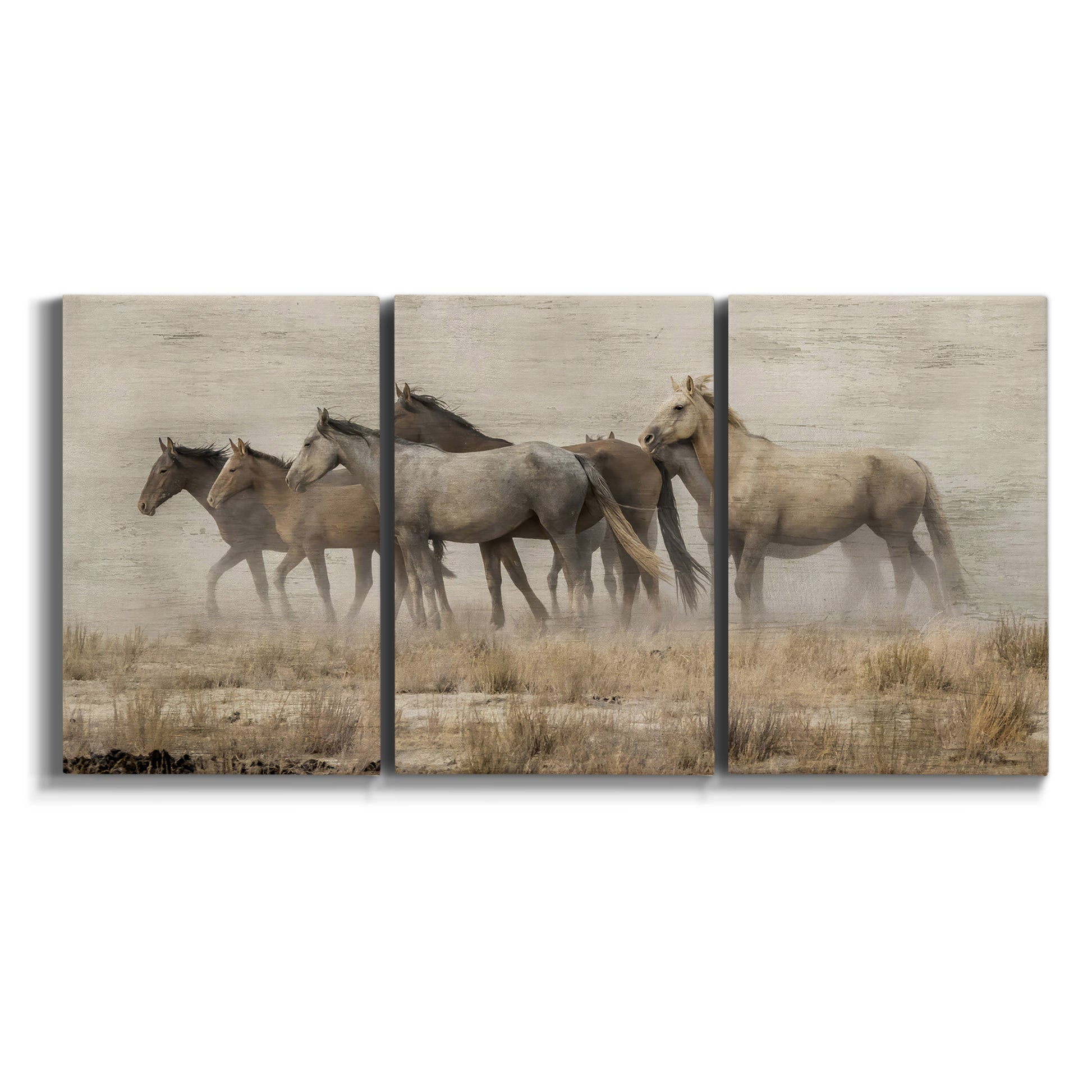 Three-panel canvas wall art featuring wild horses roaming open terrain on white background.