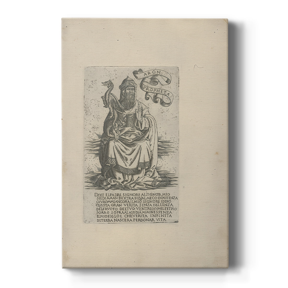 Canvas art print featuring a monochrome engraving of a standing prophet figure with detailed linework on a clean white background.