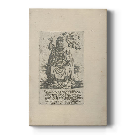 Canvas art print featuring a monochrome engraving of a standing prophet figure with detailed linework on a clean white background.