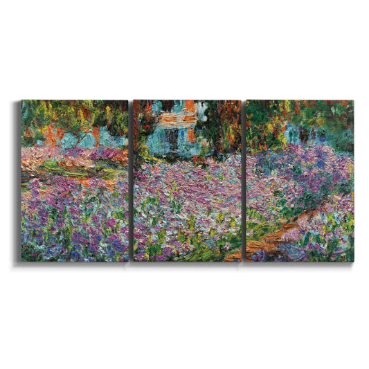 Three-panel canvas wall art featuring blooming irises in garden bed on white background.